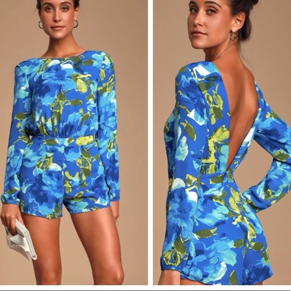 ❤️ Lulus Sweetest Song Blue Floral Print Backless Long Sleeve Romper
